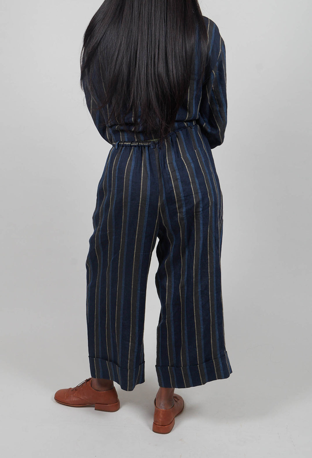 Wide Leg Turn-Up Trouser in Navy Stripe