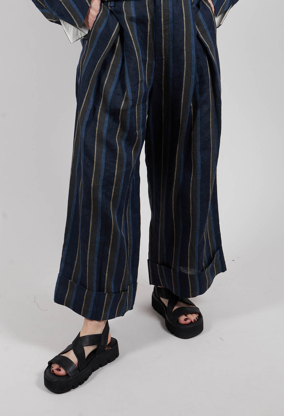 Wide Leg Turn-Up Trouser in Navy Stripe