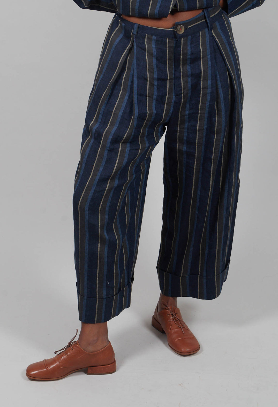 Wide Leg Turn-Up Trouser in Navy Stripe