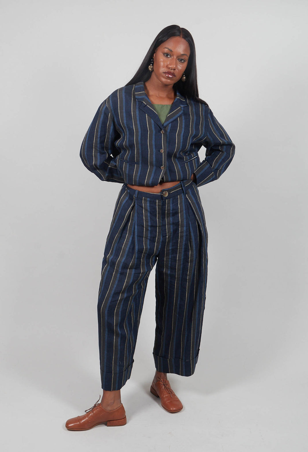 Wide Leg Turn-Up Trouser in Navy Stripe