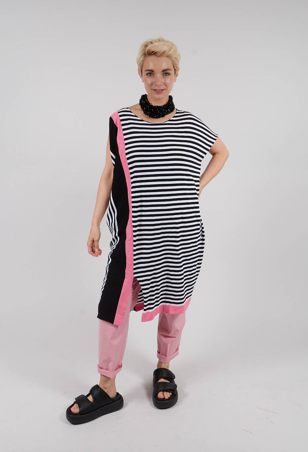 Colour Block Jumper Dress in Black and Pink Stripe
