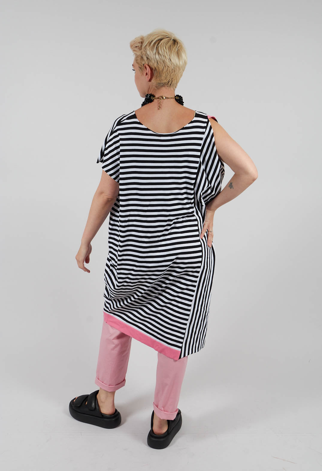 Colour Block Jumper Dress in Black and Pink Stripe