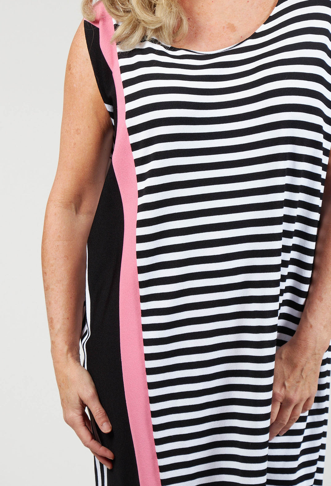 Colour Block Jumper Dress in Black and Pink Stripe