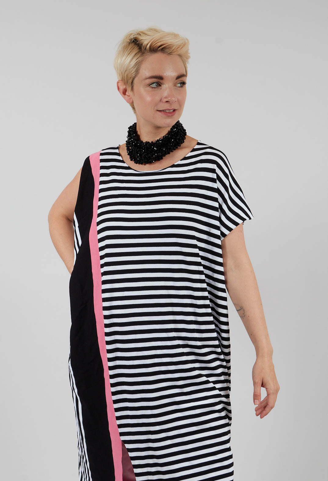 Colour Block Jumper Dress in Black and Pink Stripe
