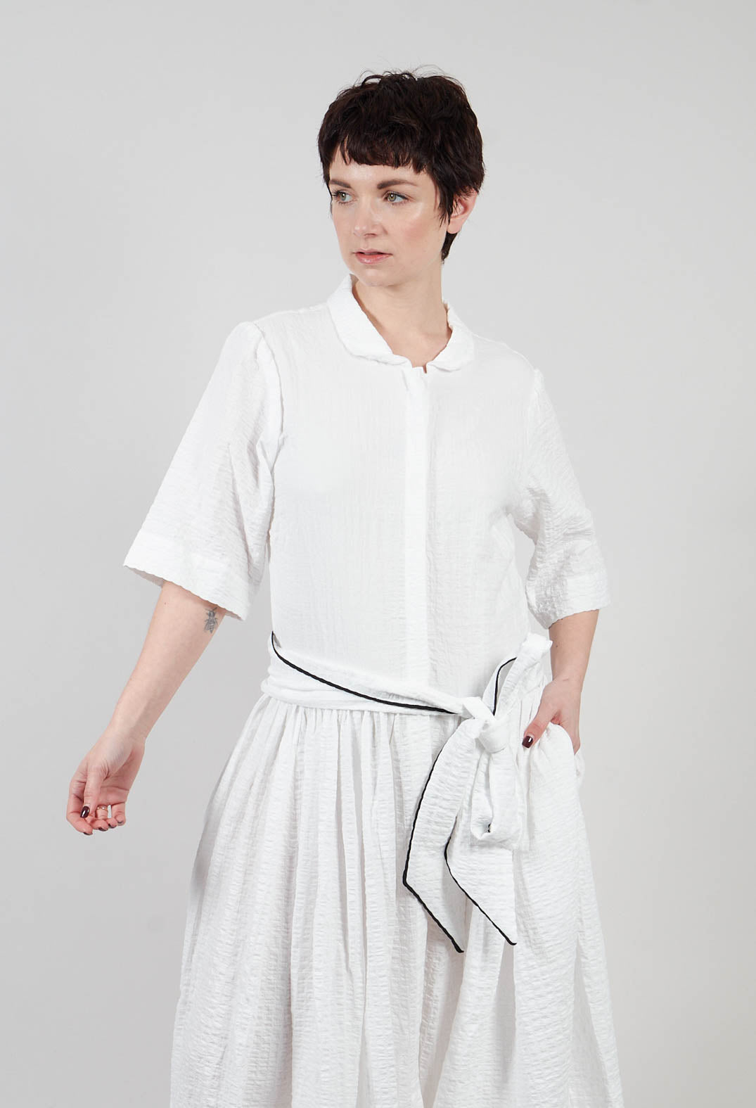 Textured Shirt Style Dress in White