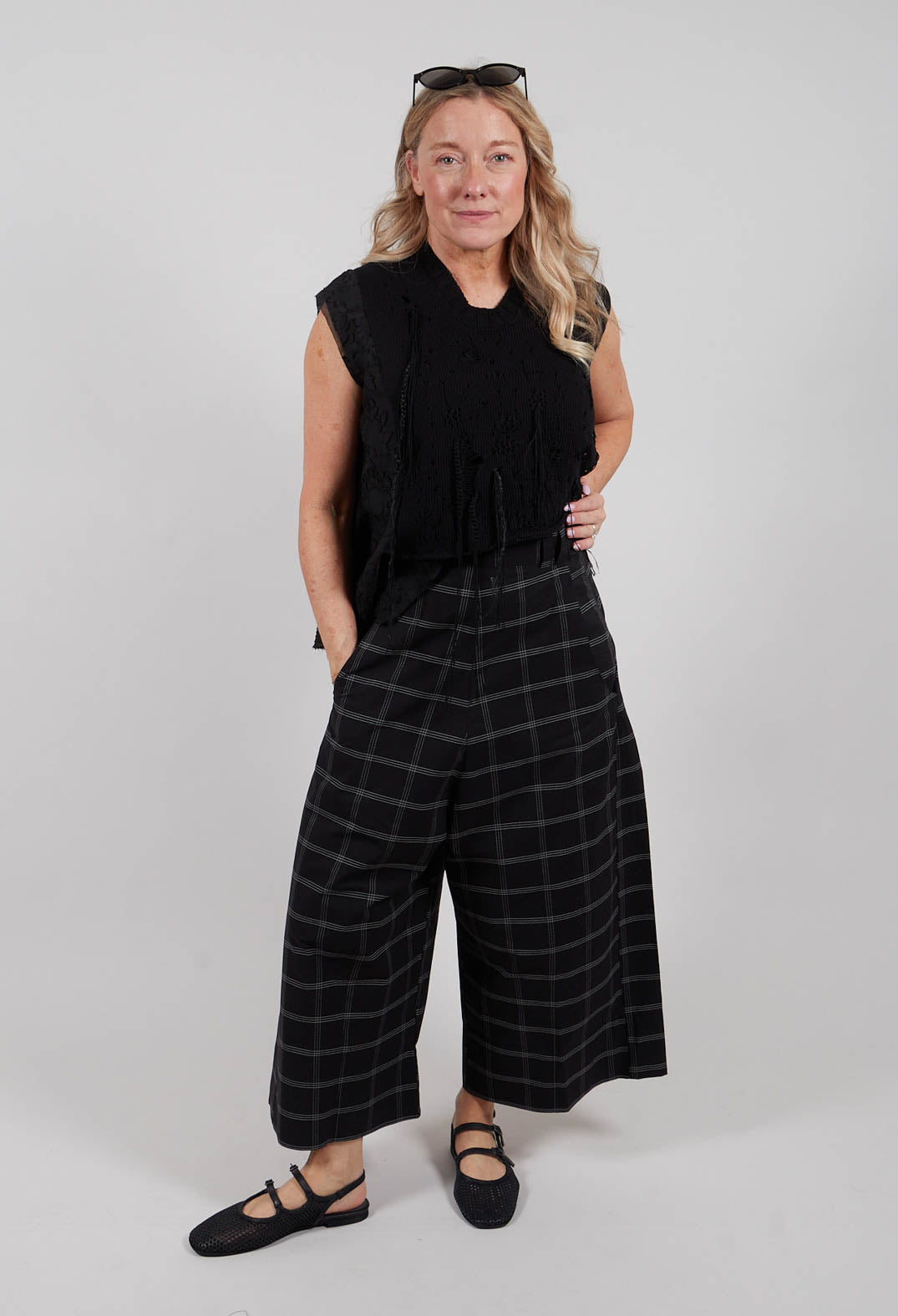 Wide Leg, Low Crotch Trousers in Fine Check Black