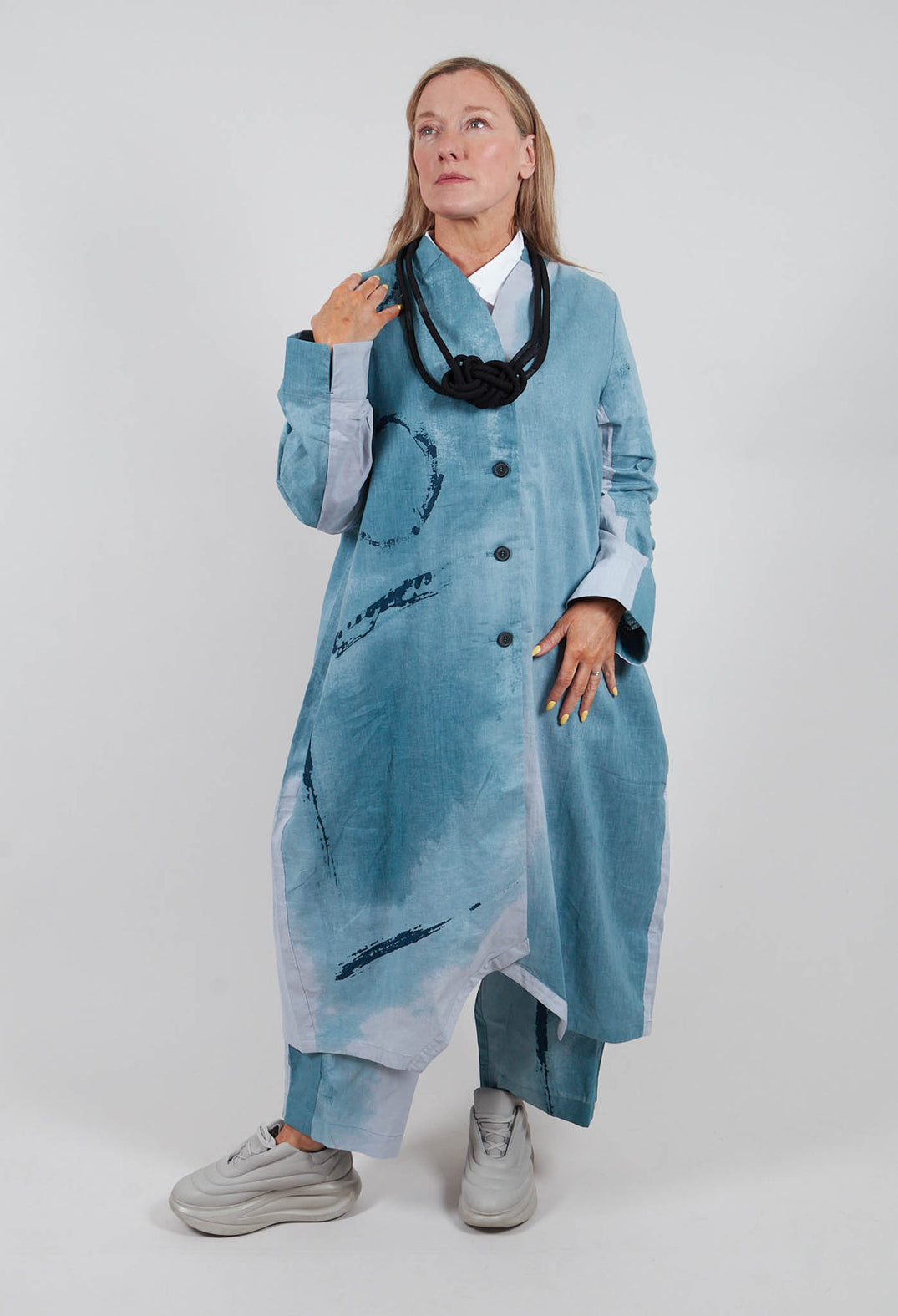 Collarless Coat in Blue