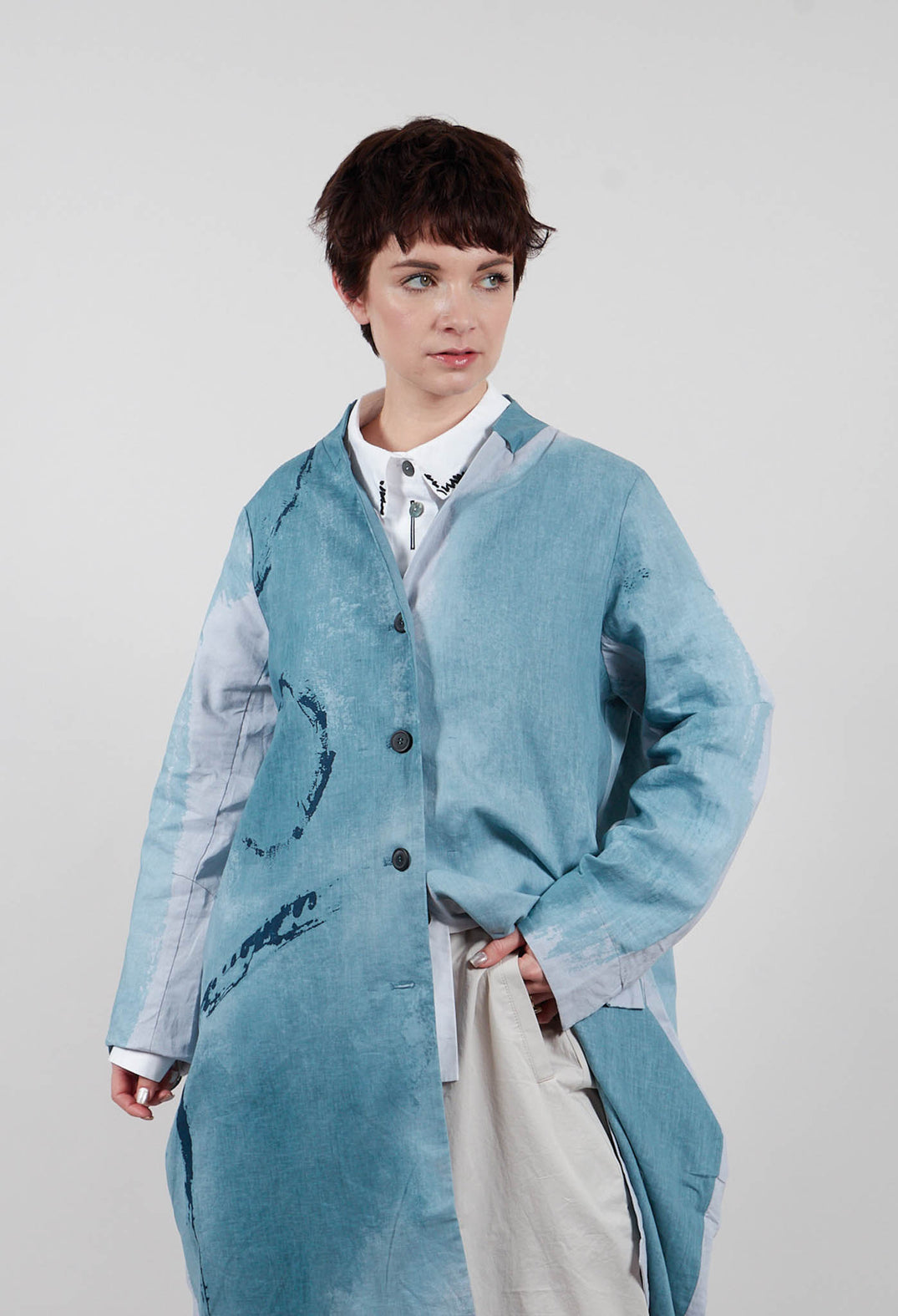 Collarless Coat in Blue