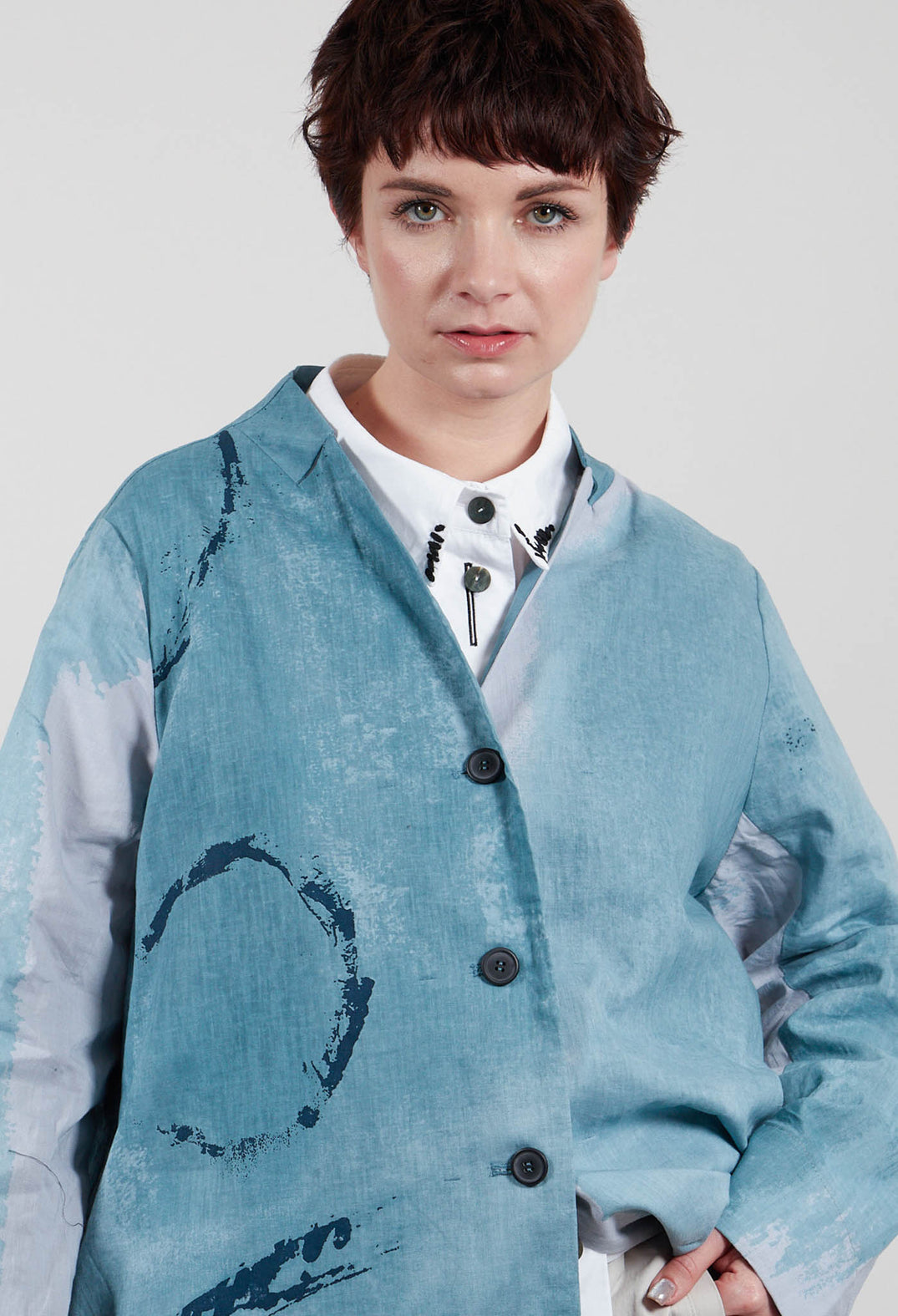 Collarless Coat in Blue
