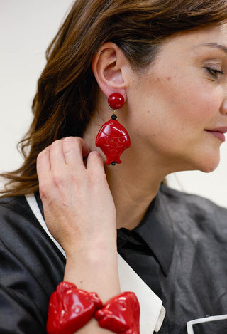 Clip with Big Fish Shape Earrings in Red