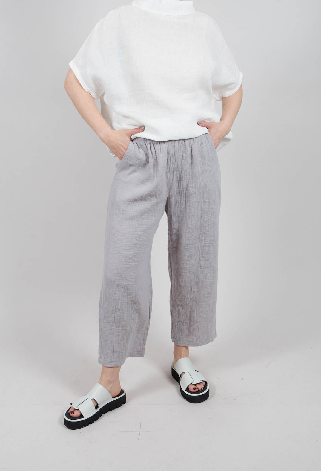 Soft Cotton Cropped Trousers with Waffle Style Texture in Grey