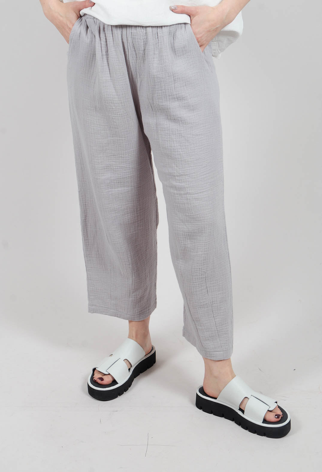 Soft Cotton Cropped Trousers with Waffle Style Texture in Grey