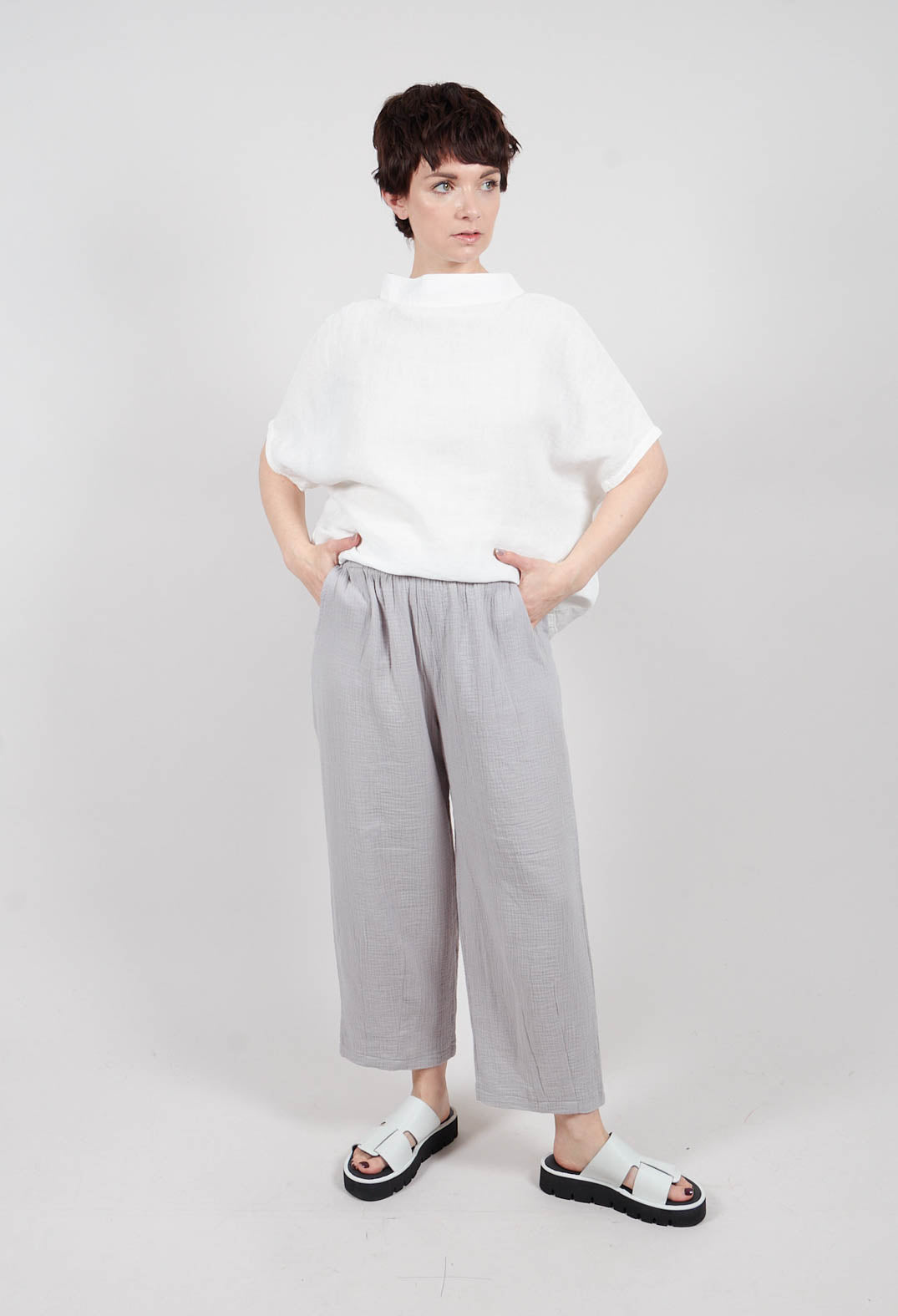 Soft Cotton Cropped Trousers with Waffle Style Texture in Grey