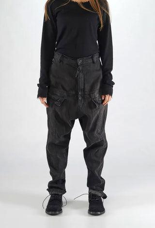 PRE-ORDER - Drop Crotch Trousers with Pockets in Black Gloss (Pictured in Turf Black) - 1030107