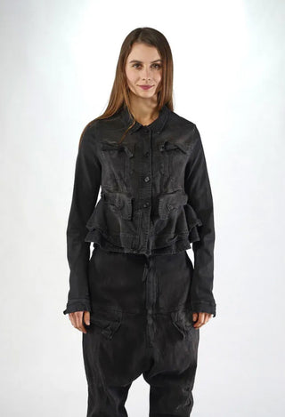 PRE-ORDER - Cropped Jacket with Frilled Hem in Black Gloss (Pictured in Turf Black) - 1031103