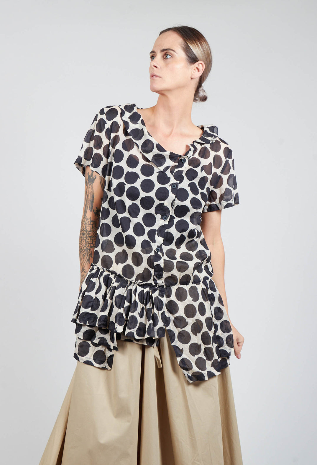 Jayko Sheer Peplum Shirt with Button Front in Pois Olivia May Jayko Sheer Peplum Shirt with Button Front in Pois Olivia May