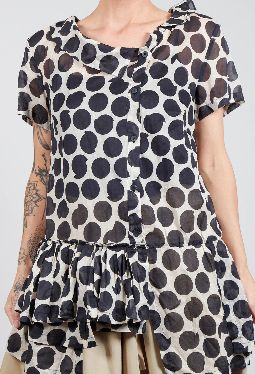 Sheer Peplum Shirt with Button Front in Pois