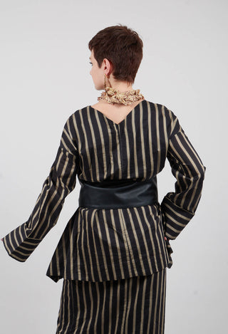 V Neck Striped Cross Over Top in Singapura Nero