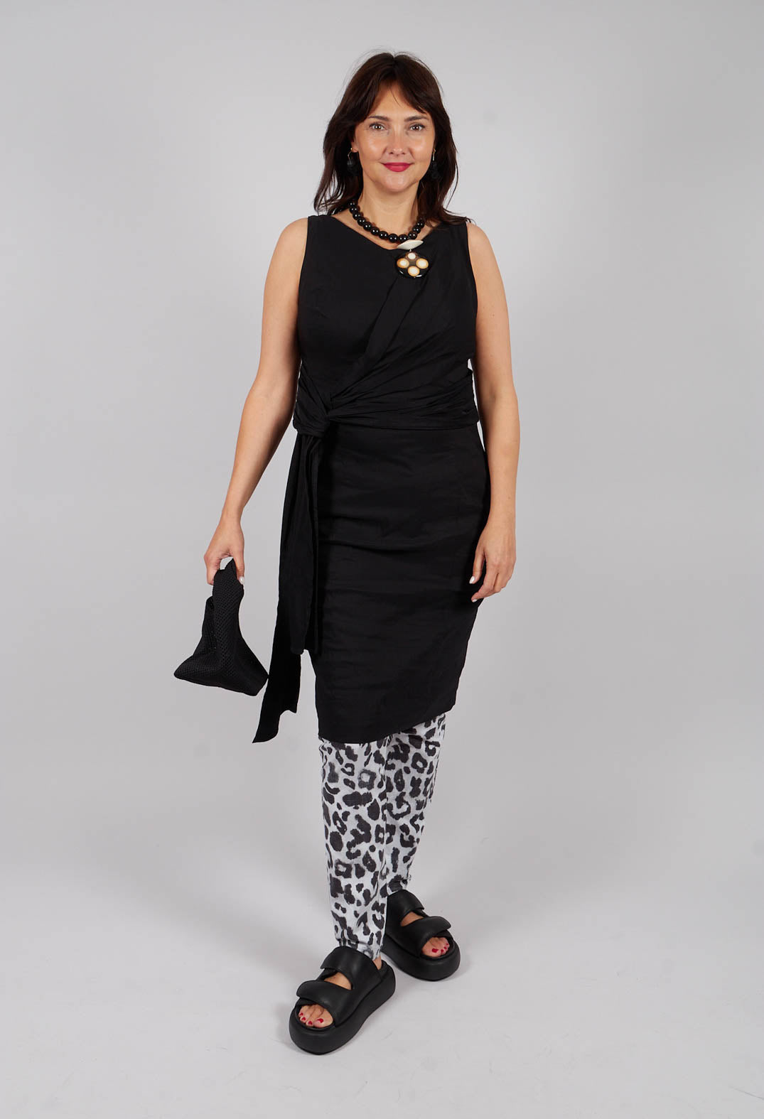 Sleeveless Ruched Dress with Tie Belt in Efesto Nero