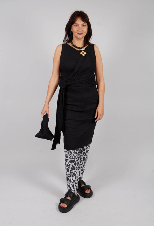 Sleeveless Ruched Dress with Tie Belt in Efesto Nero