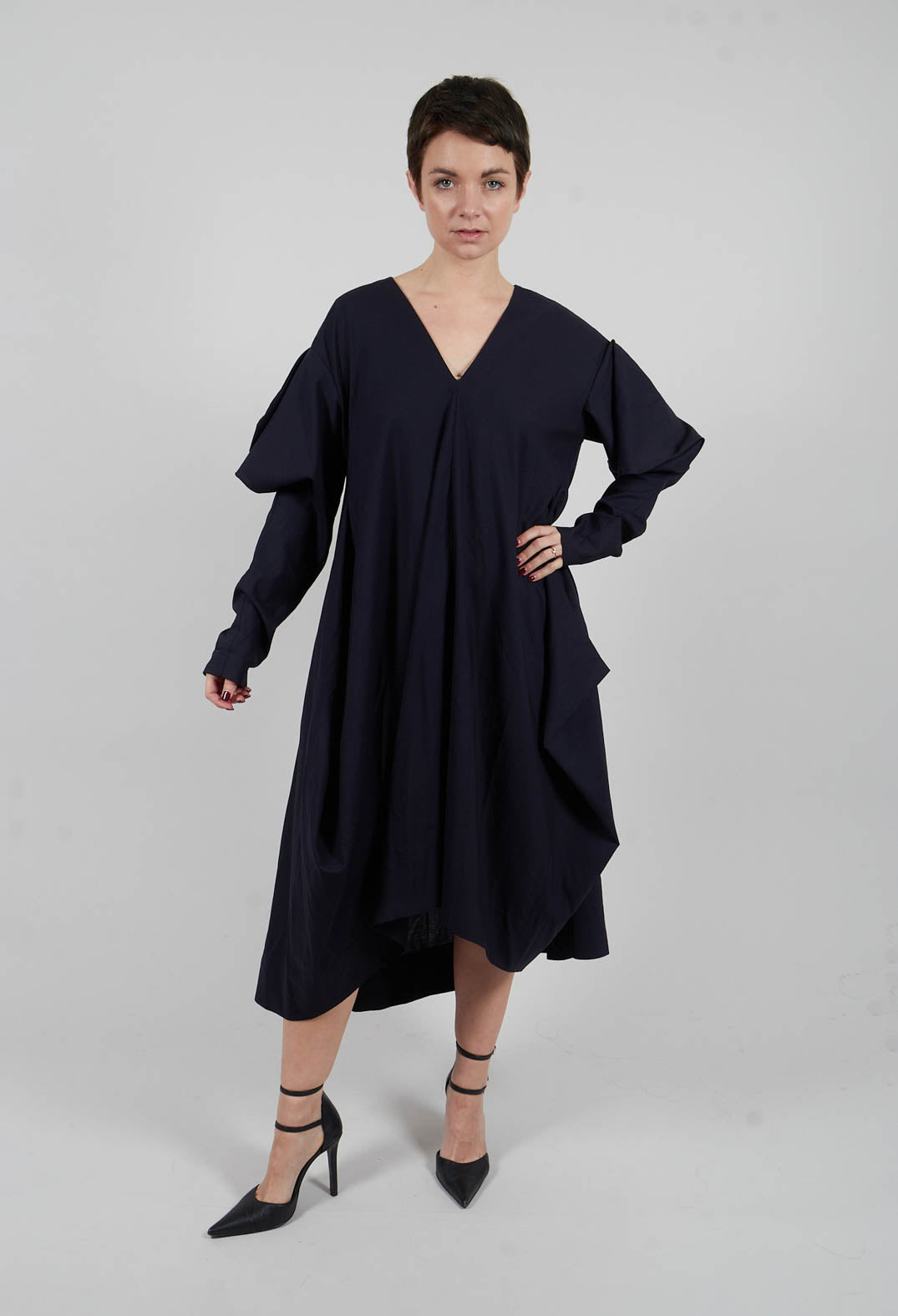 Oversized V Neck Dress with Puff Sleeves in Kao Bleu