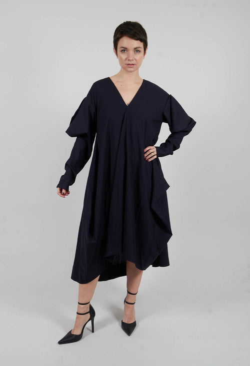 Oversized V Neck Dress with Puff Sleeves in Kao Bleu