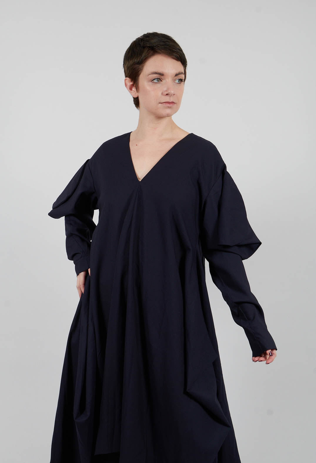 Oversized V Neck Dress with Puff Sleeves in Kao Bleu