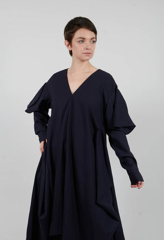 Oversized V Neck Dress with Puff Sleeves in Kao Bleu