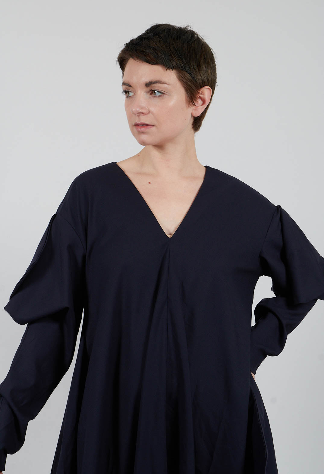 Oversized V Neck Dress with Puff Sleeves in Kao Bleu