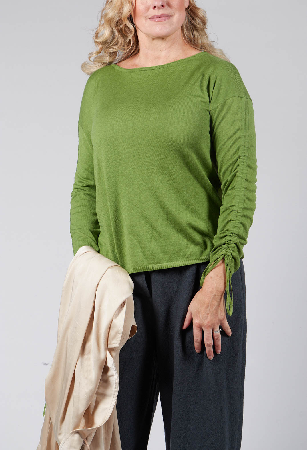 Fine Knit Top with Tie Sleeves in Verde Muschio