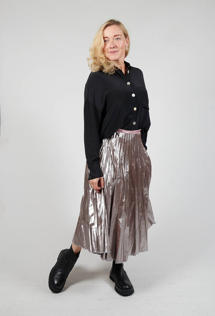 Metallic Pleated Midi Skirt in Argento
