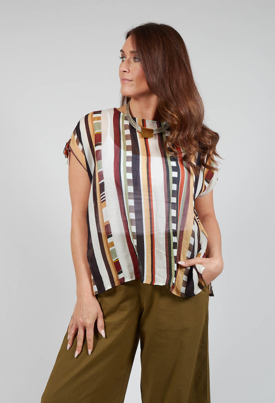 Sheer Patterned Top with Bow Sleeves in Naturale/Multicolor