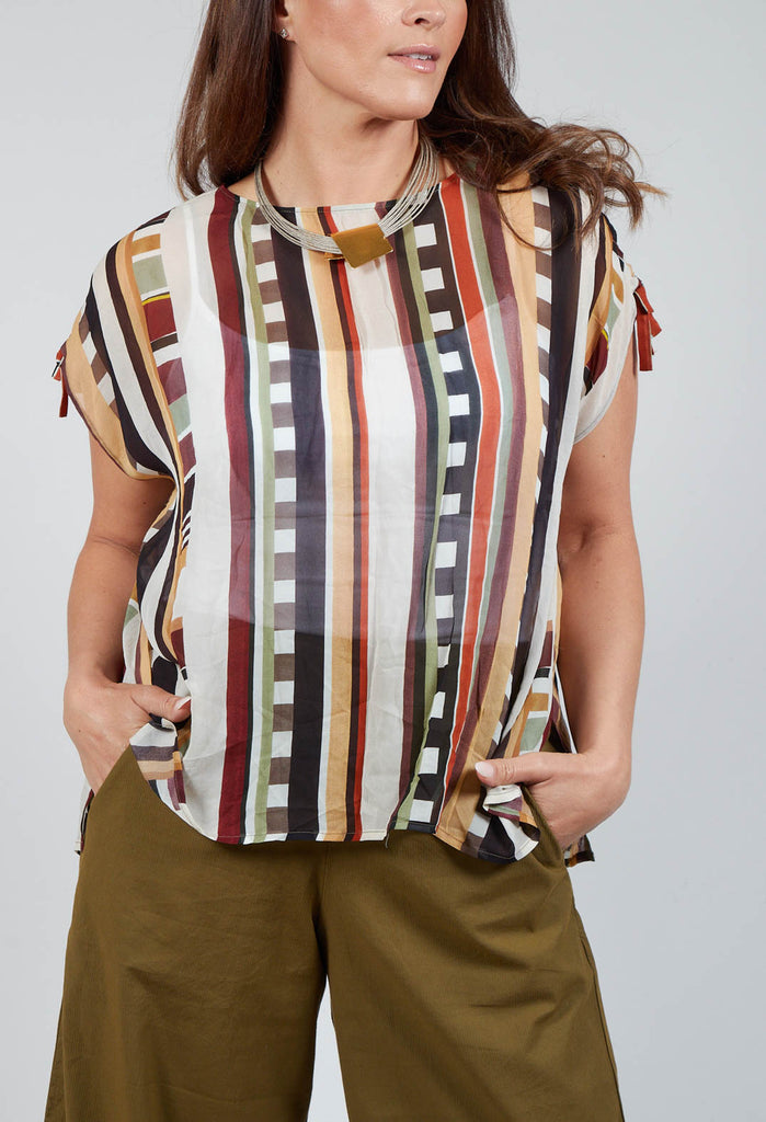 Sheer Patterned Top with Bow Sleeves in Naturale/Multicolor