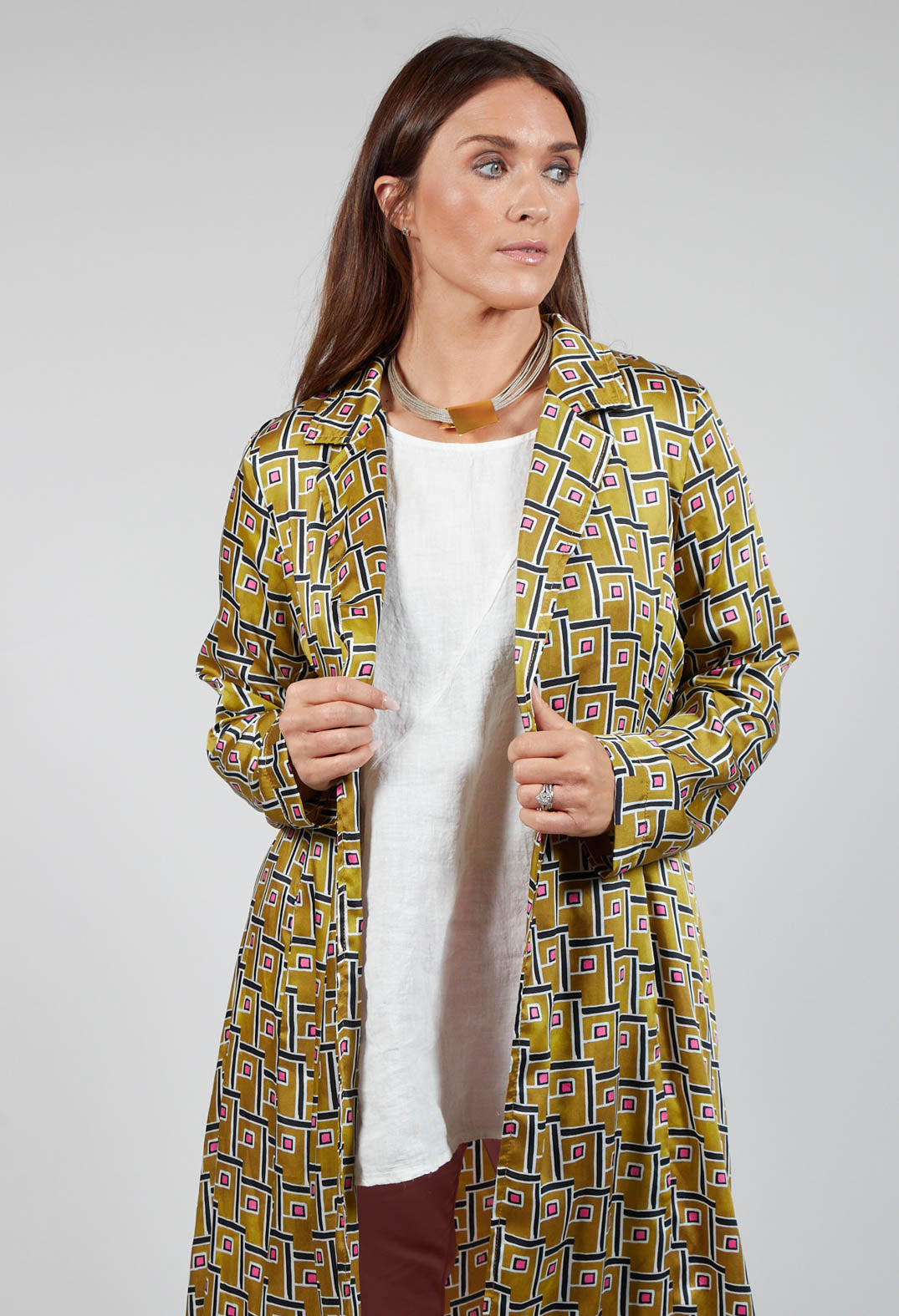 Printed Duster Coat in Senape/Fuxia