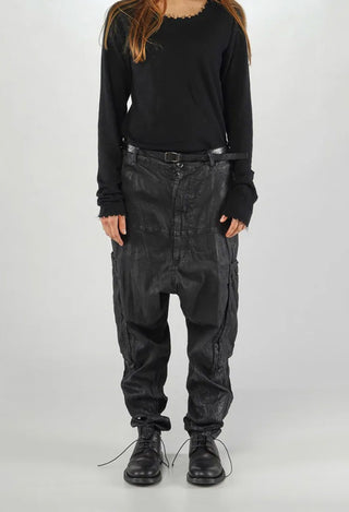 PRE-ORDER - Drop Crotch Trousers with Belt in Black Gloss - 1070103