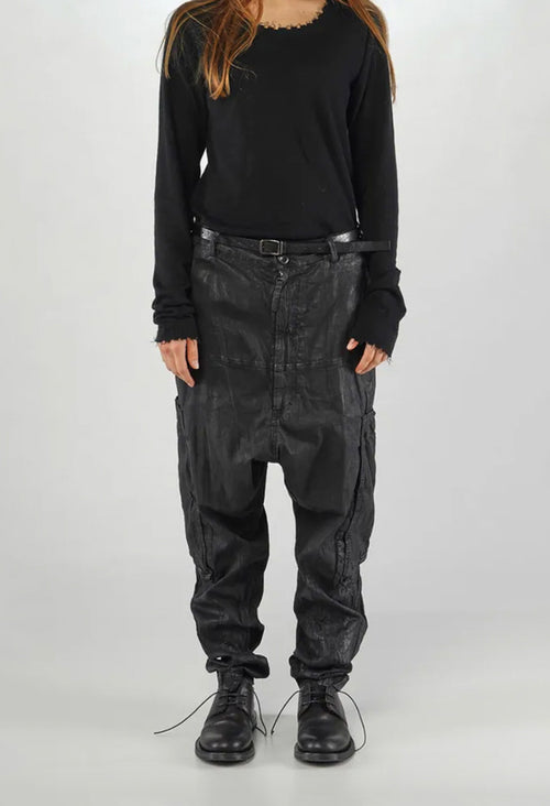 PRE-ORDER - Drop Crotch Trousers with Belt in Black Gloss - 1070103