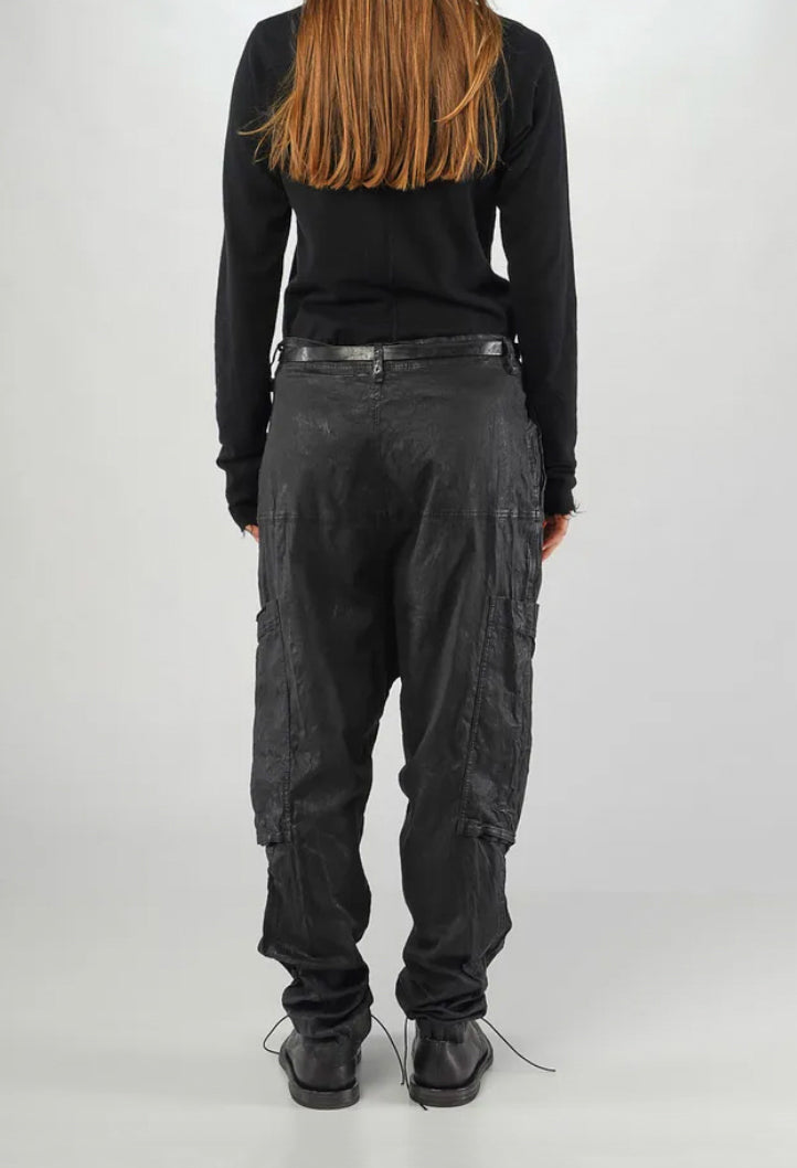 PRE-ORDER - Drop Crotch Trousers with Belt in Black Gloss - 1070103