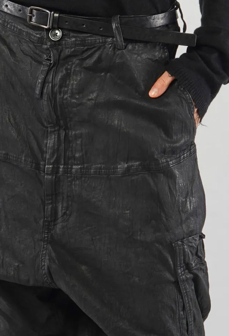 PRE-ORDER - Drop Crotch Trousers with Belt in Black Gloss - 1070103