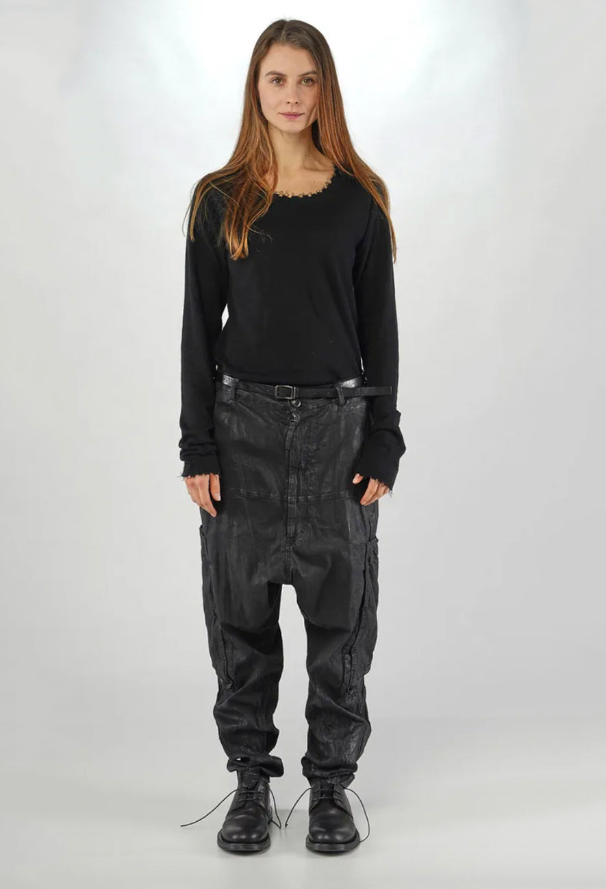 PRE-ORDER - Drop Crotch Trousers with Belt in Black Gloss - 1070103