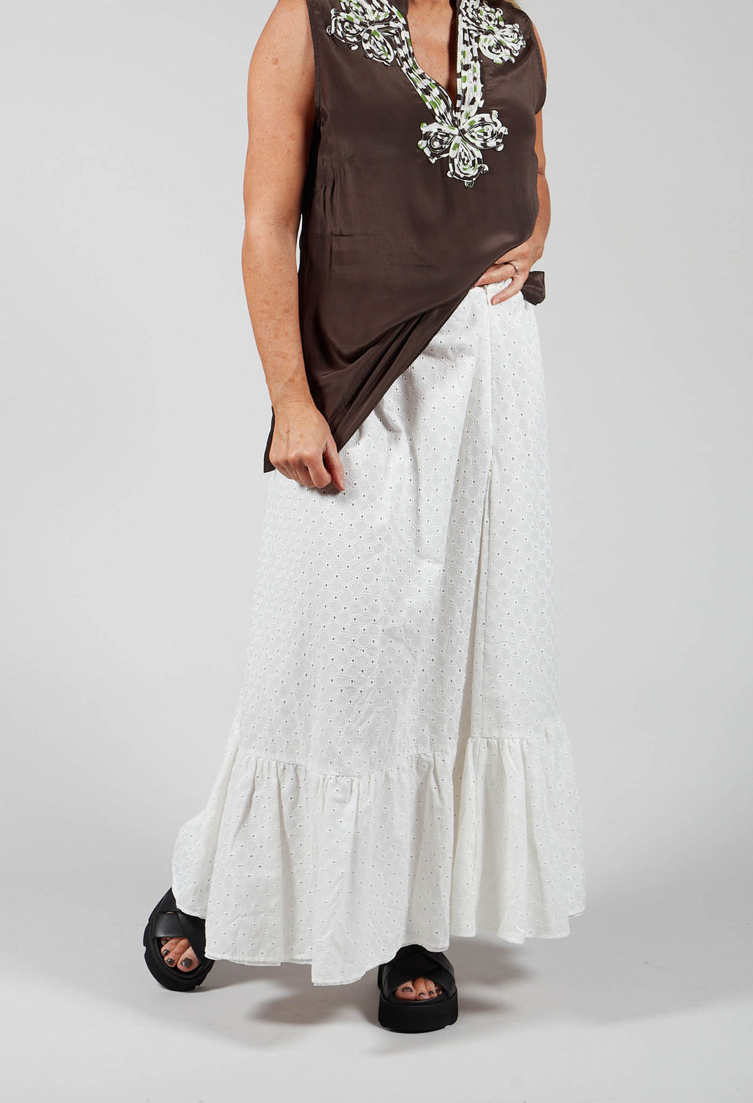 Embroidered Midi Skirt with Peplum in Chalk