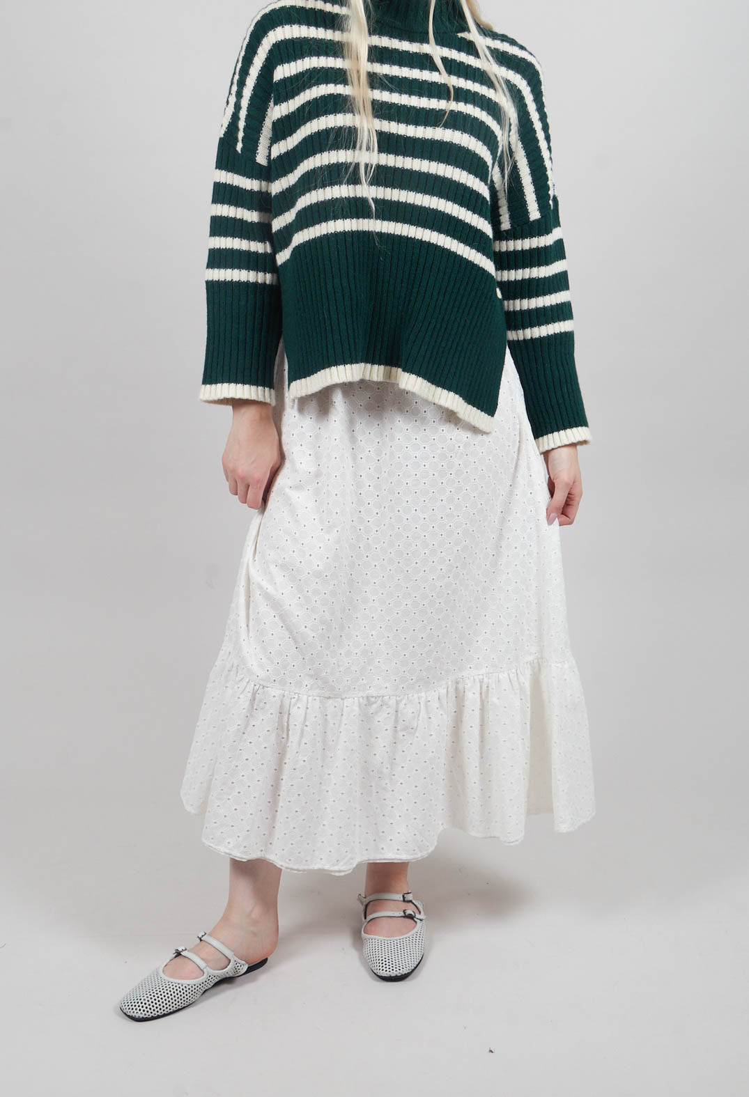 Embroidered Midi Skirt with Peplum in Chalk