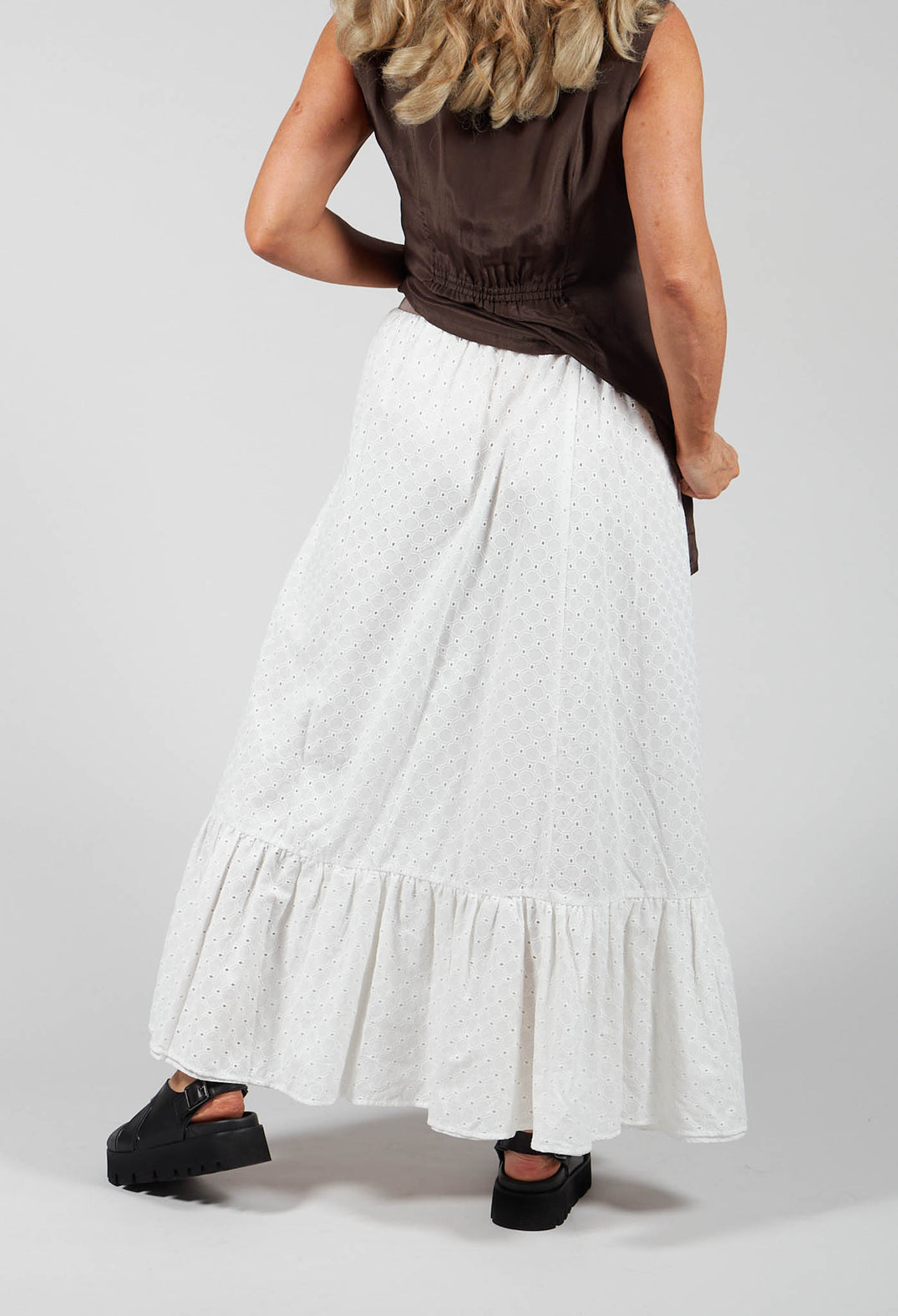 Embroidered Midi Skirt with Peplum in Chalk