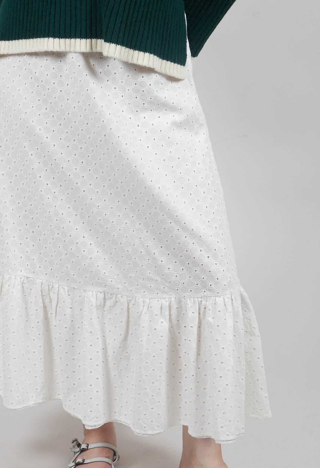 Embroidered Midi Skirt with Peplum in Chalk