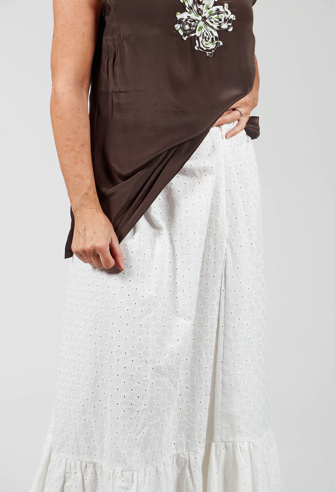 Embroidered Midi Skirt with Peplum in Chalk