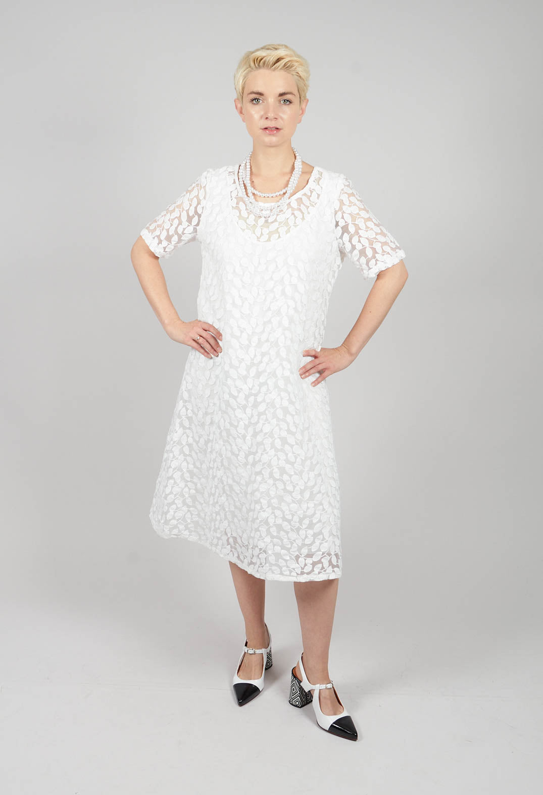Double Layered Midi Dress with Print in White