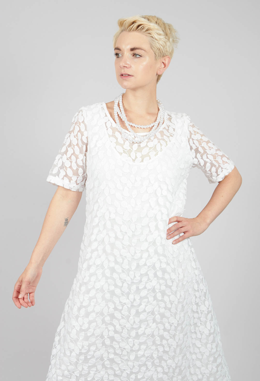 Double Layered Midi Dress with Print in White