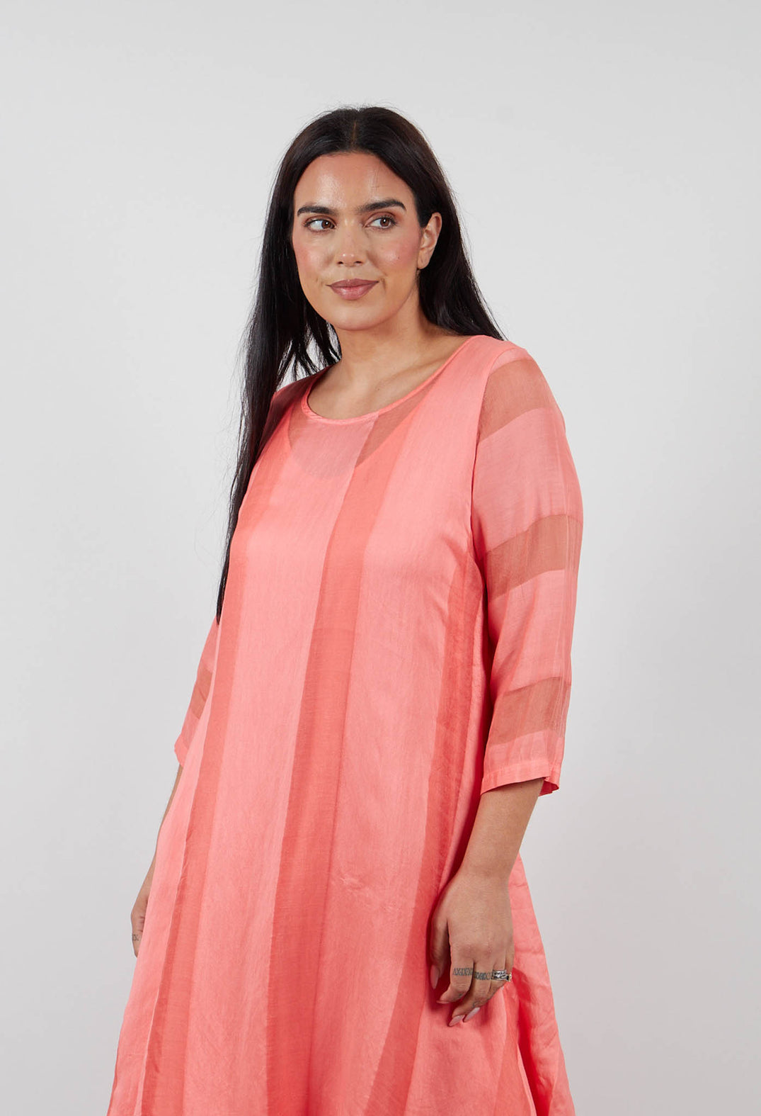 Sheer Striped Dress with Slip in Tangerine