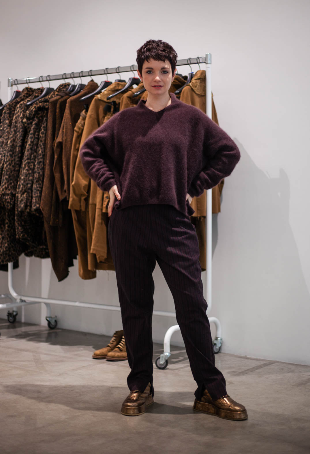 PRE-ORDER - Pull On Slim Fit Trousers in Purple Stripe - 1080102