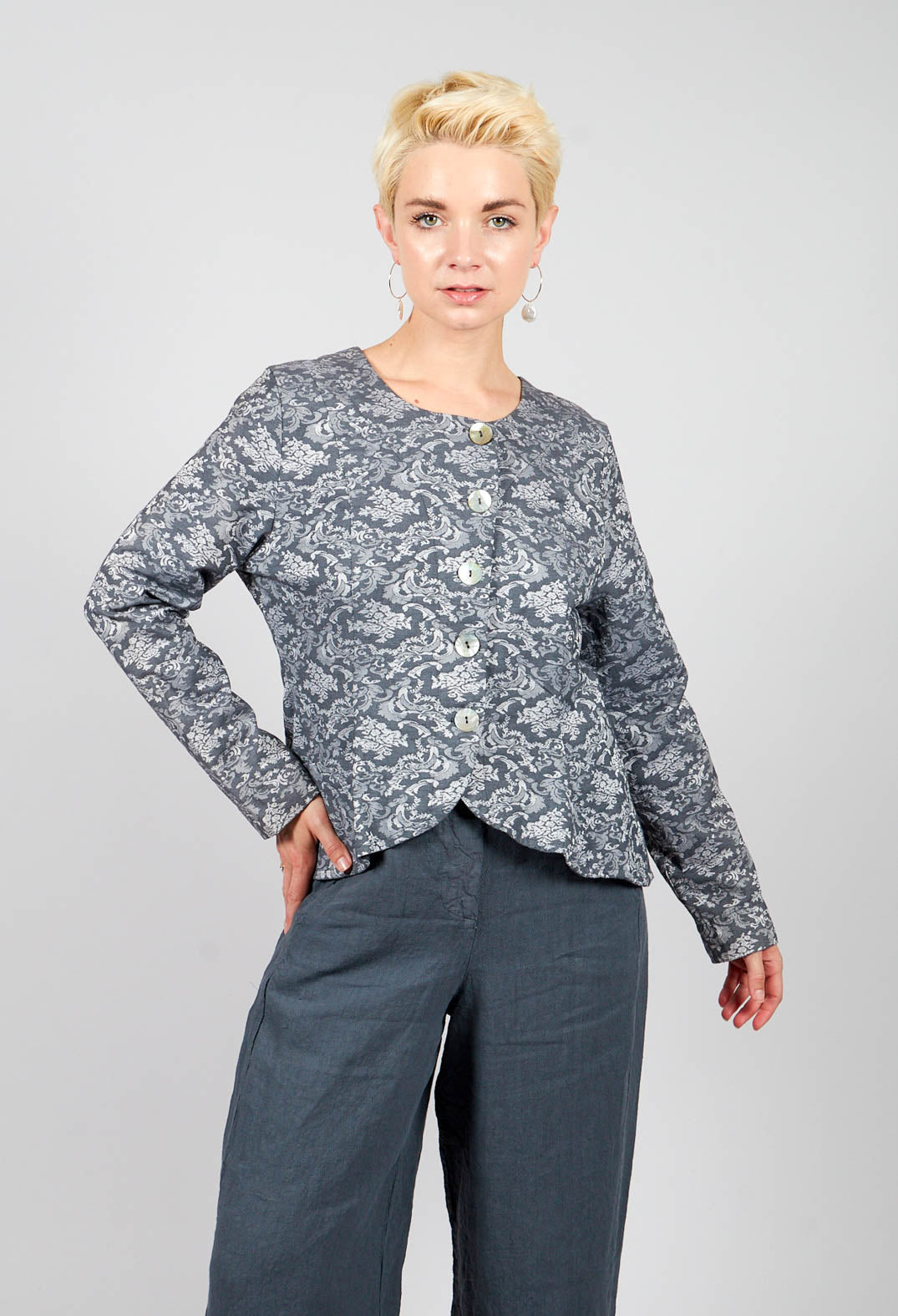 Printed Collarless Cropped Jacket in Charcoal