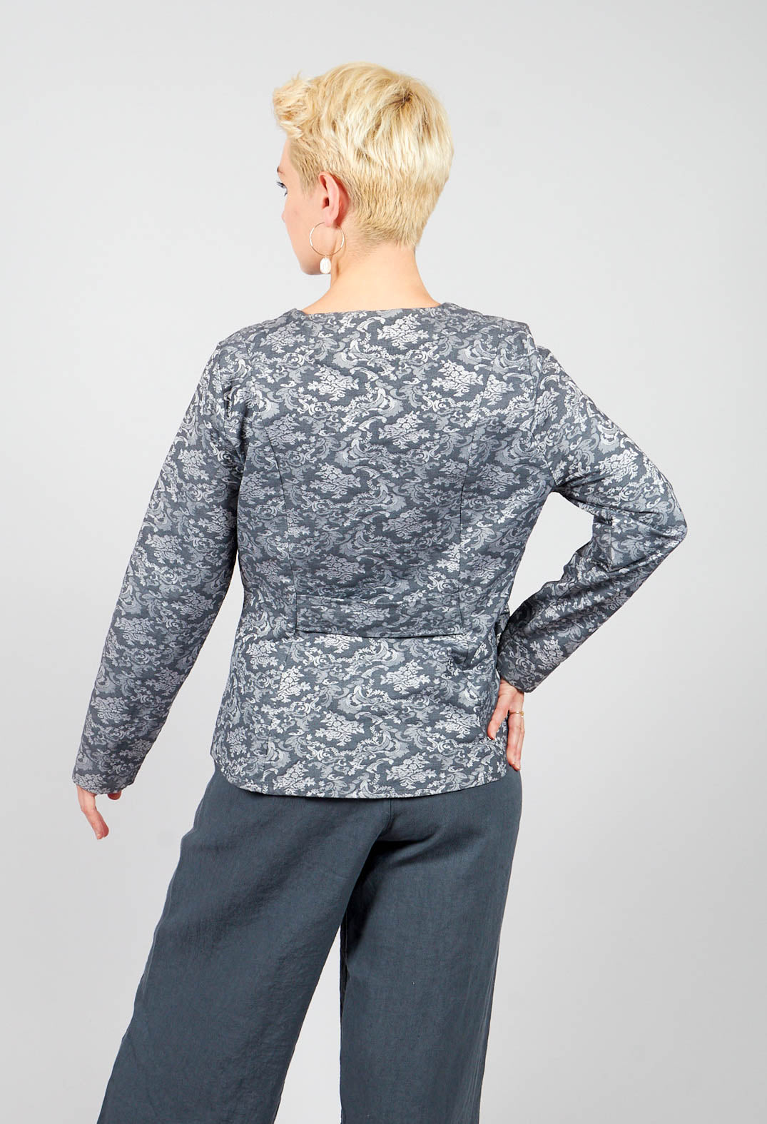Printed Collarless Cropped Jacket in Charcoal